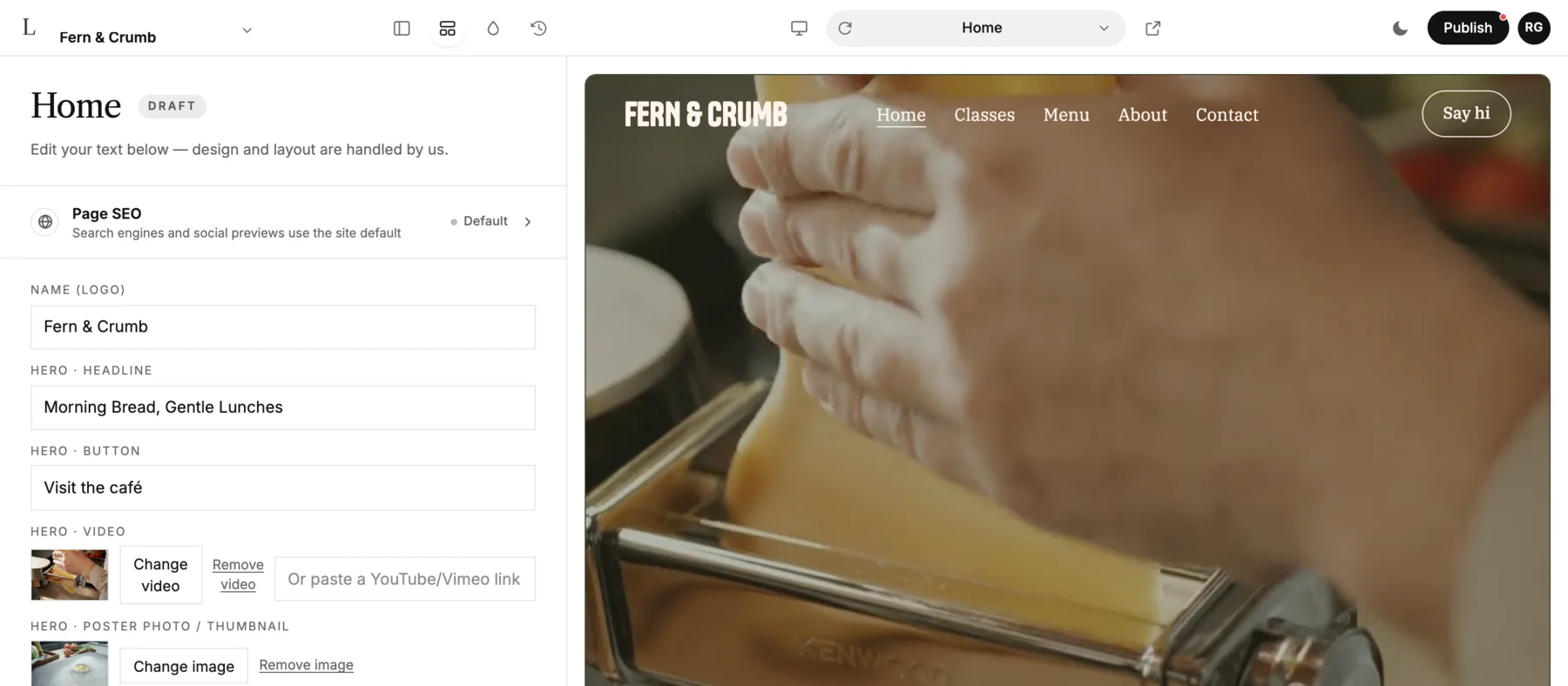 The LINJERUM Studio editor, with the fields on the left and the page as it looks on the right.