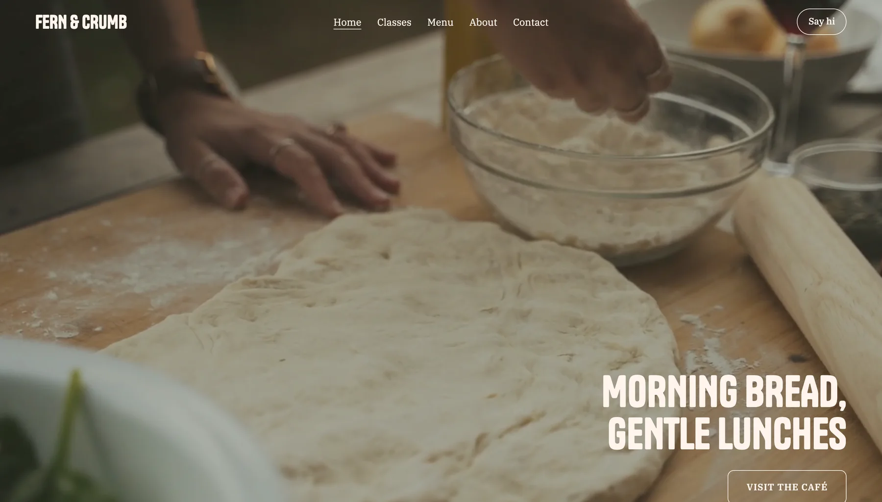 The home page of Fern & Crumb, an example café site built in LINJERUM Studio, with the headline 'Morning Bread, Gentle Lunches'.