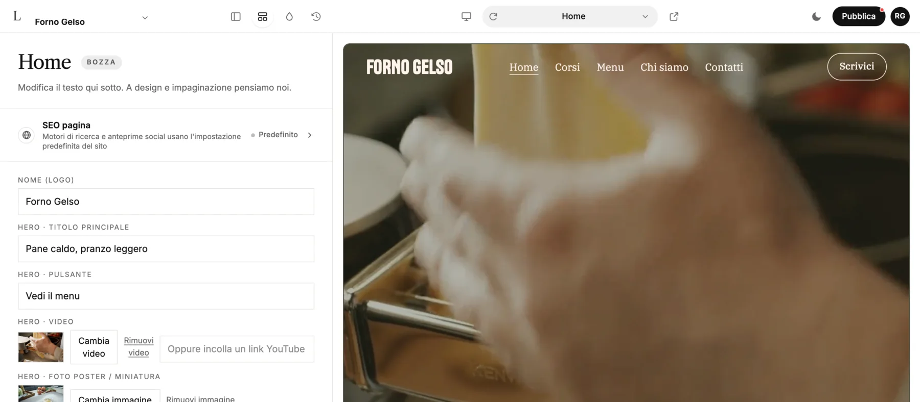 L'editor di LINJERUM Studio con i campi a sinistra e l'anteprima della pagina a destra.