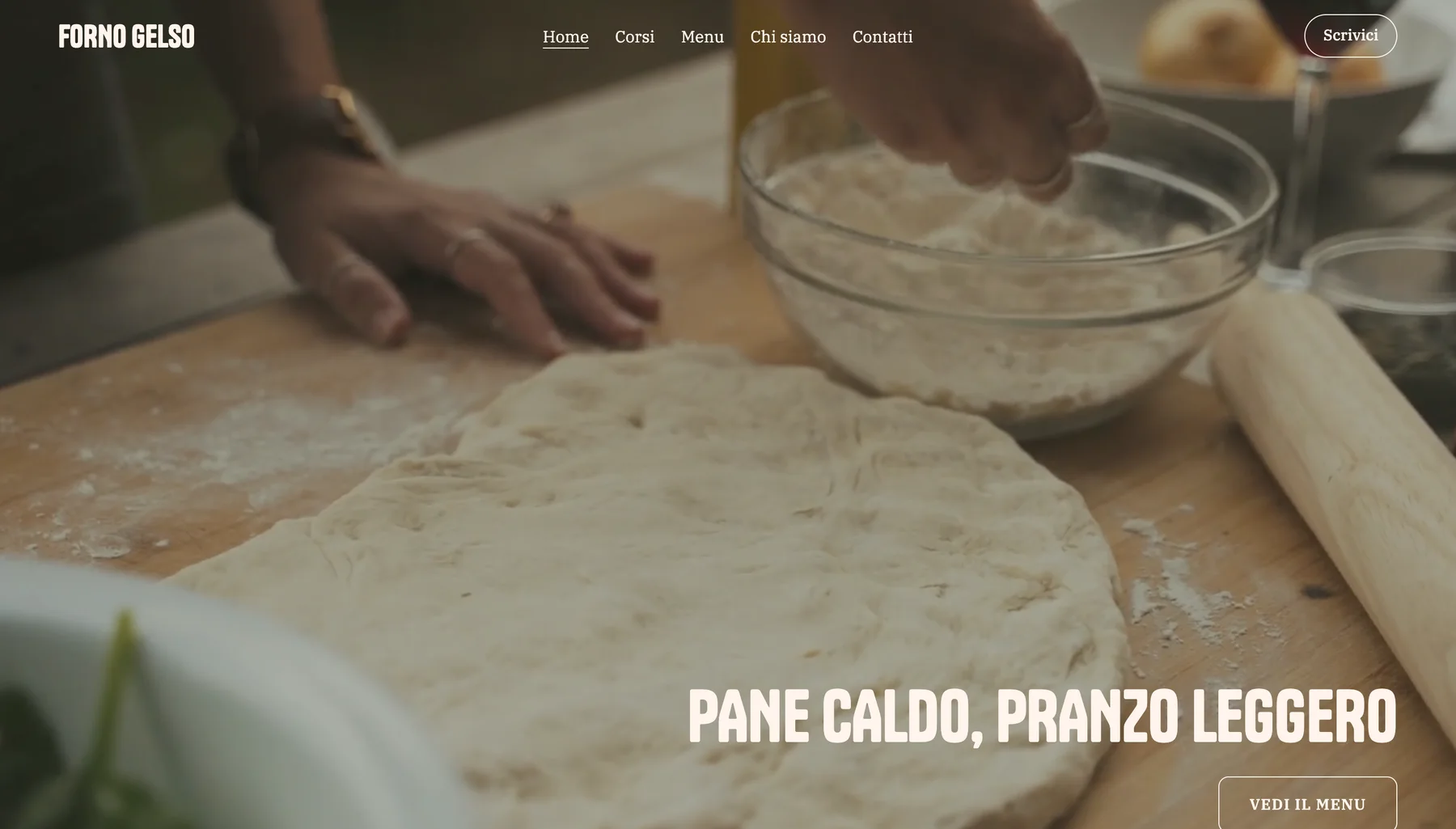 La home page di Forno Gelso, un sito di esempio creato con LINJERUM Studio, con il titolo 'Pane caldo, pranzo leggero'.