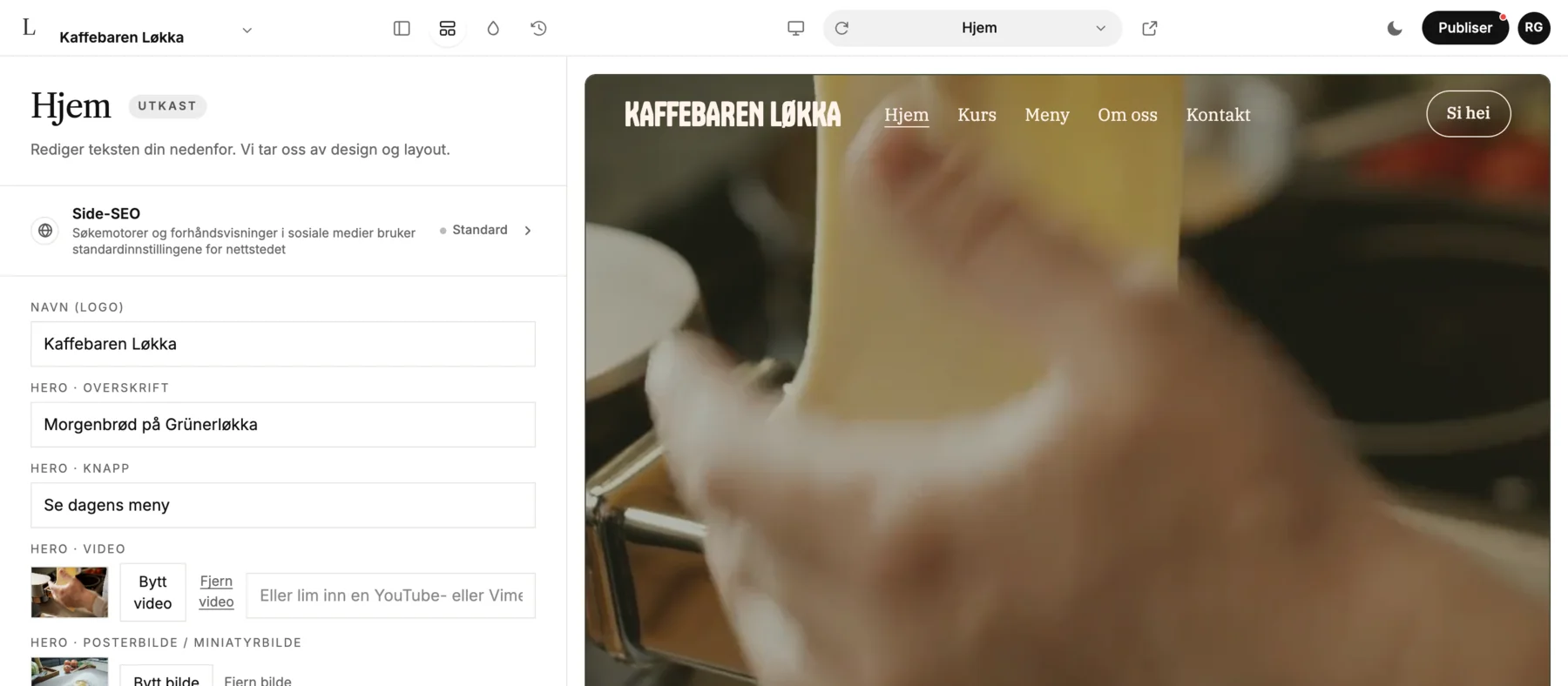 Redigeringsverktøyet i LINJERUM Studio med feltene til venstre og siden slik den ser ut til høyre.