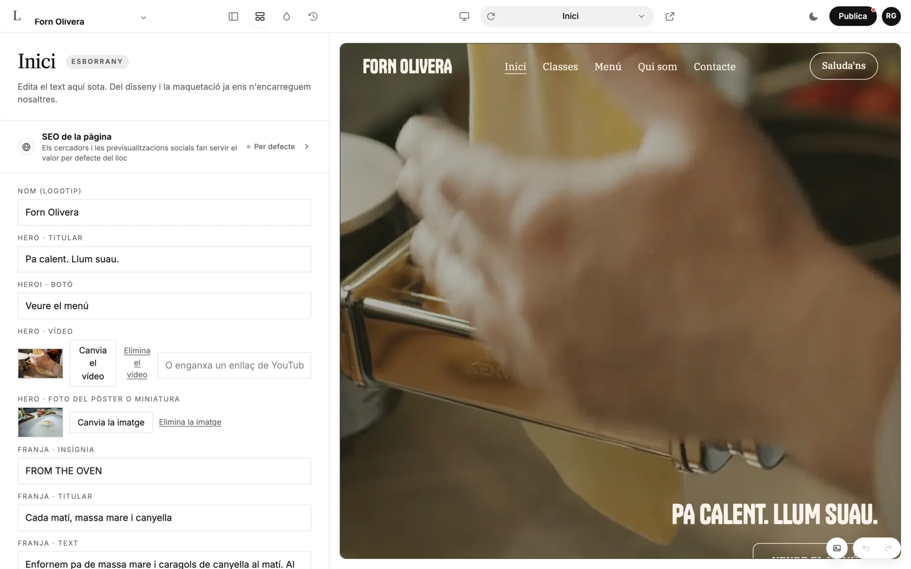 L'editor de LINJERUM Studio amb camps com Nom (logotip), Hero · Titular i Hero · Botó a l'esquerra, i la portada de Forn Olivera a la dreta.