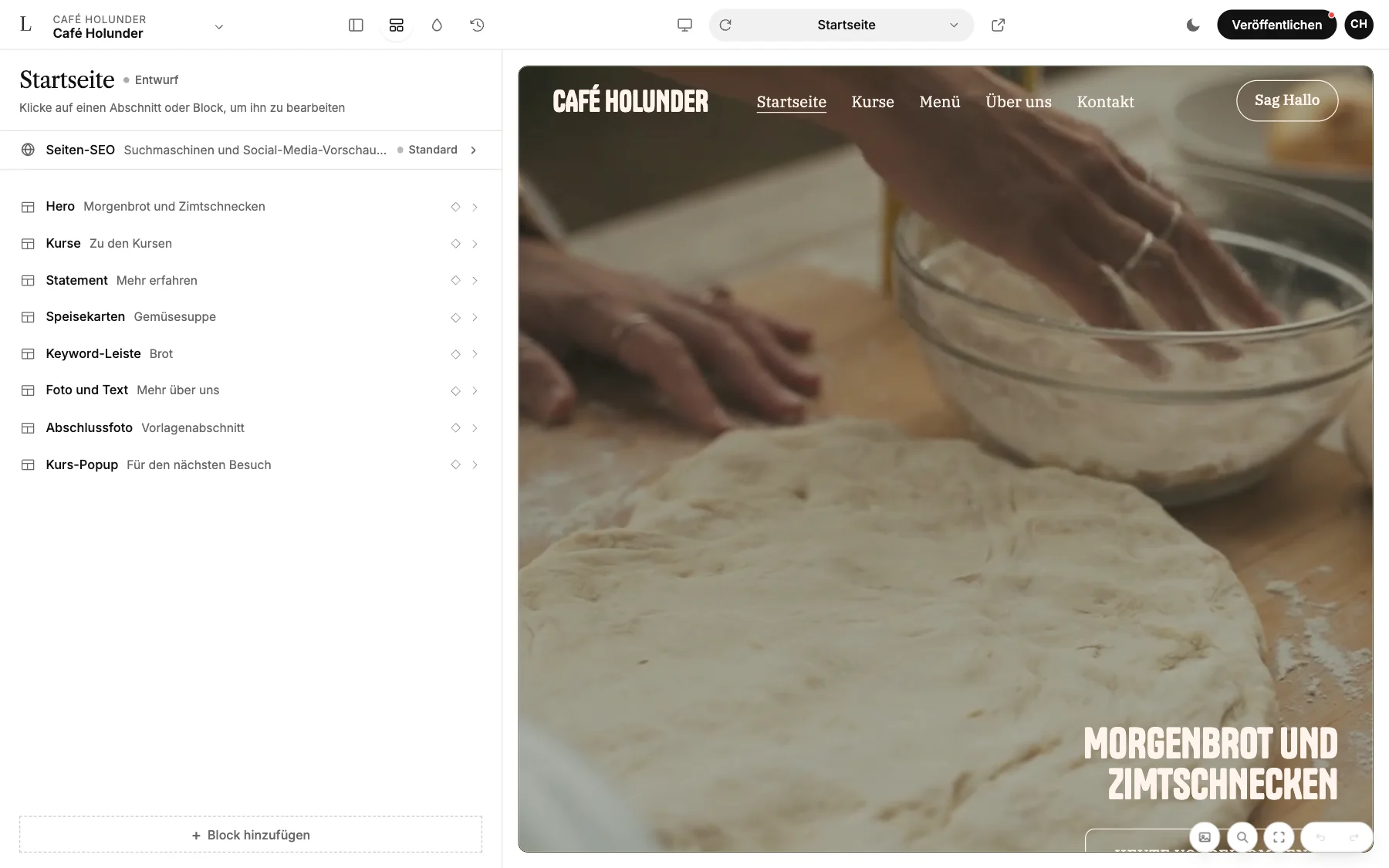 Der Editor von LINJERUM Studio mit Feldern wie Name (Logo), Hero · Überschrift und Hero · Button links und der Startseite von Café Holunder rechts.