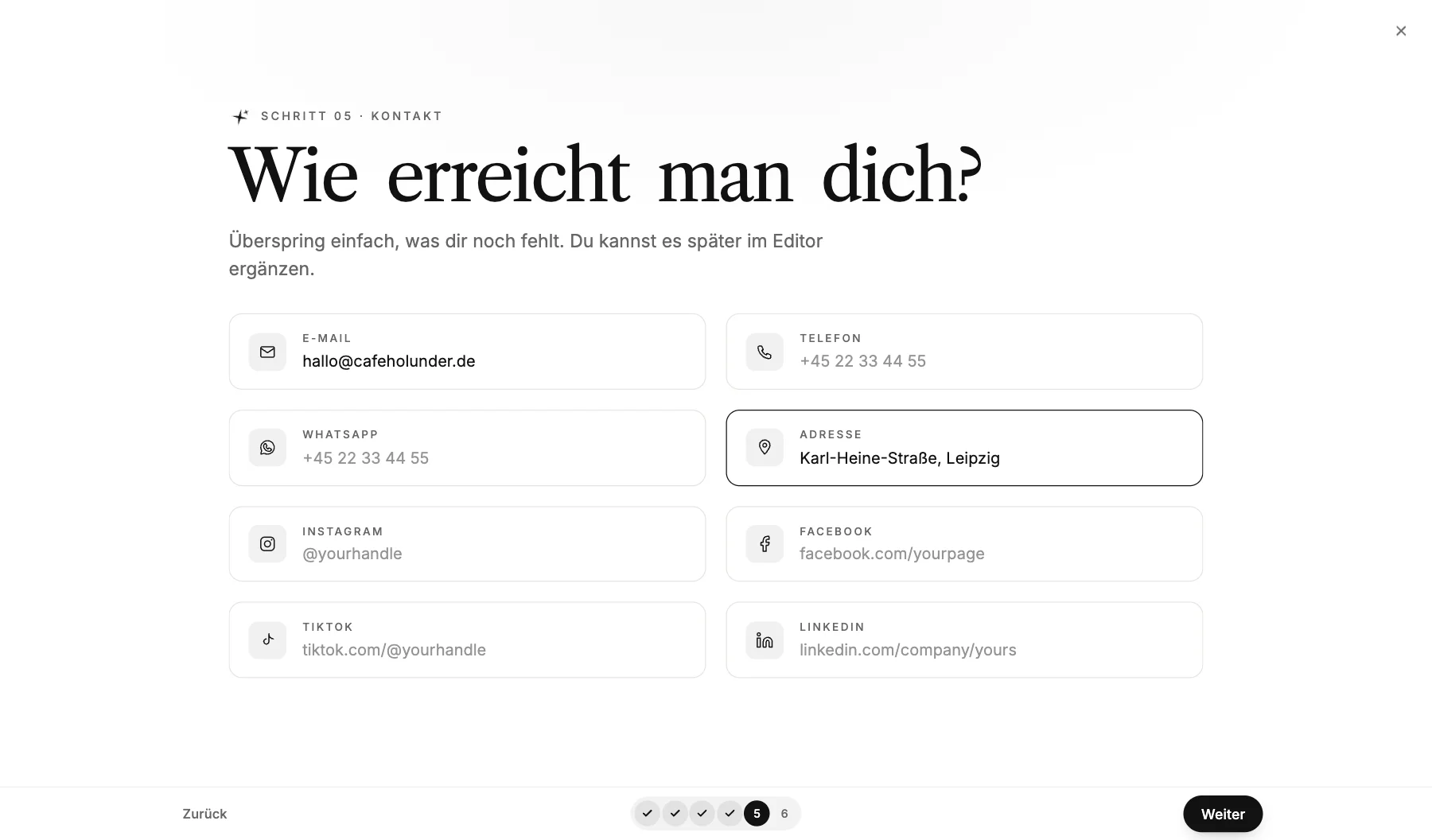 Der Schritt 'Wie erreicht man dich?' mit Feldern für E-Mail, Telefon, WhatsApp, Adresse und Social Media. E-Mail und Adresse sind ausgefüllt.