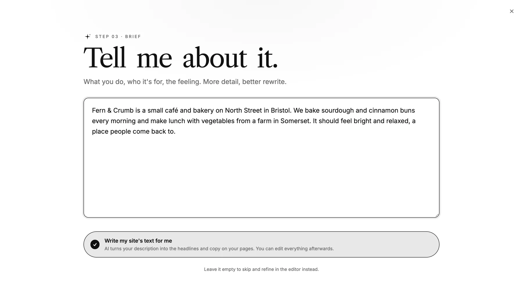 The step 'Tell me about it' with a short description of Fern & Crumb and the toggle 'Write the text for my site for me' switched on.