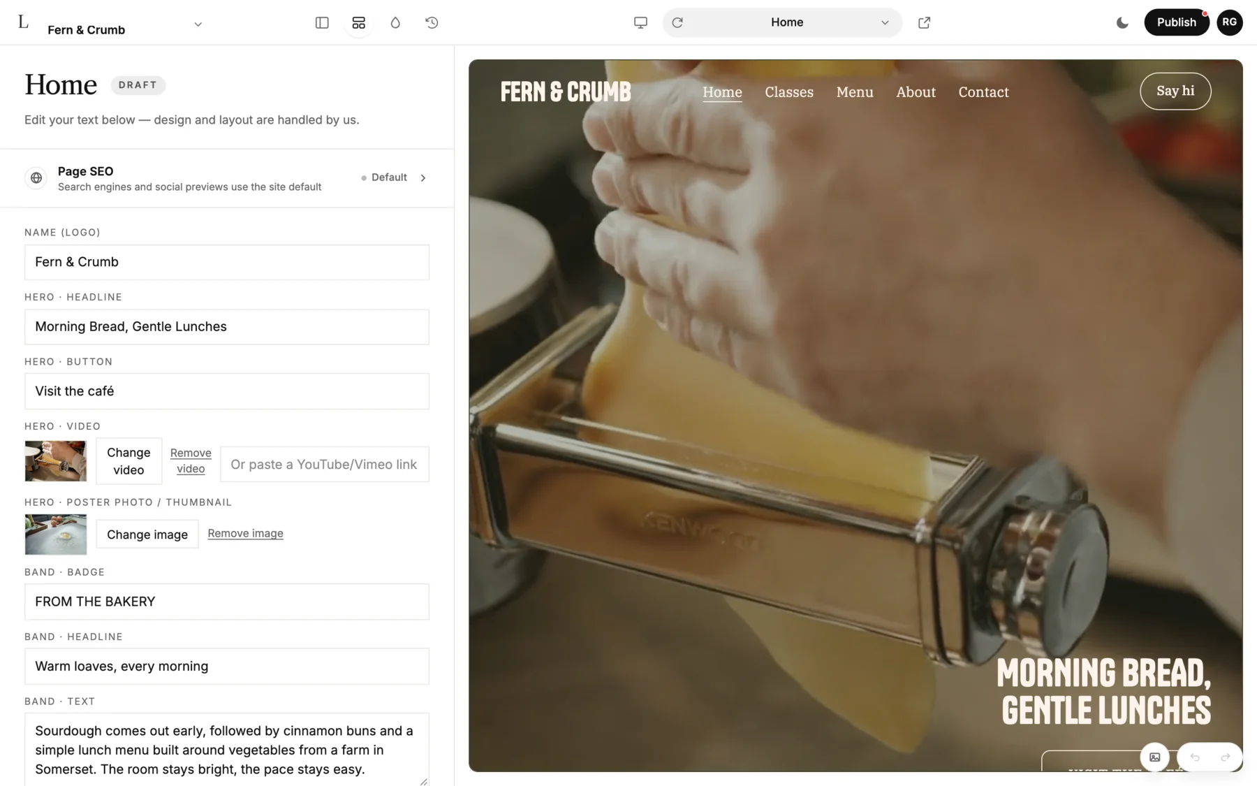 The LINJERUM Studio editor with fields such as Name (logo), Hero · Headline and Hero · Button on the left, and the Fern & Crumb homepage on the right.