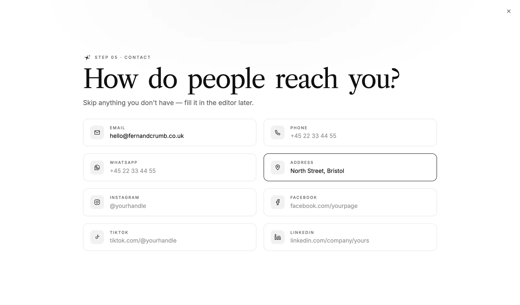 The step 'How can people reach you?' with fields for email, phone, WhatsApp, address and social media. Email and address are filled in.