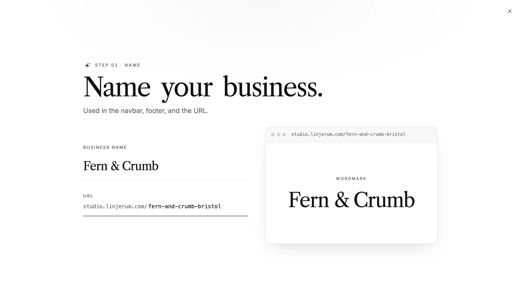 First step in the setup with the heading 'Give your business a name' and the name Fern & Crumb entered. On the right, a preview of the name as a logo.