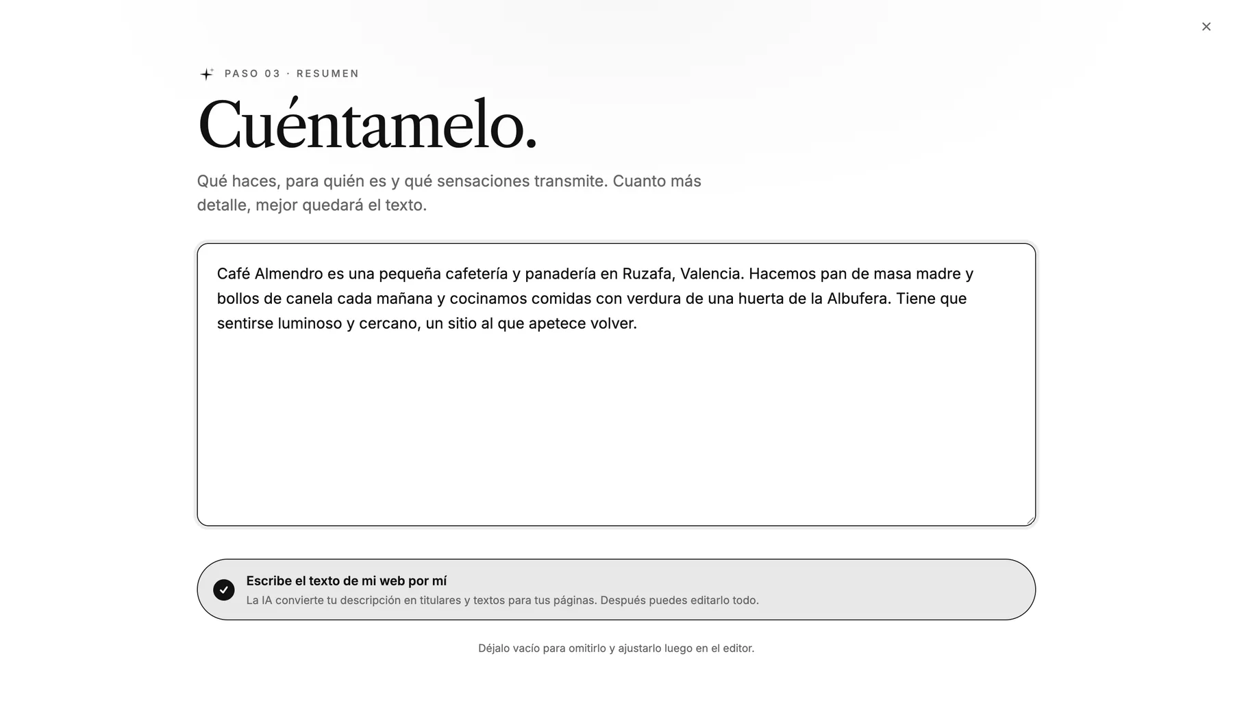 Paso 'Cuéntame más' con una breve descripción de Café Almendro y la opción 'Escribe los textos de mi página por mí' activada.