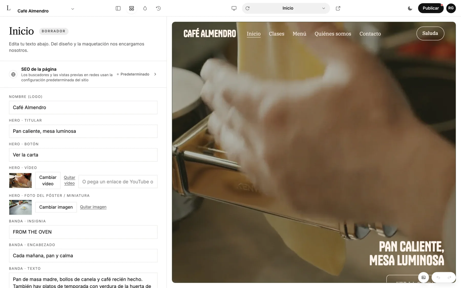 El editor de LINJERUM Studio con campos como Nombre (logo), Hero · Titular y Hero · Botón a la izquierda, y la portada de Café Almendro a la derecha.