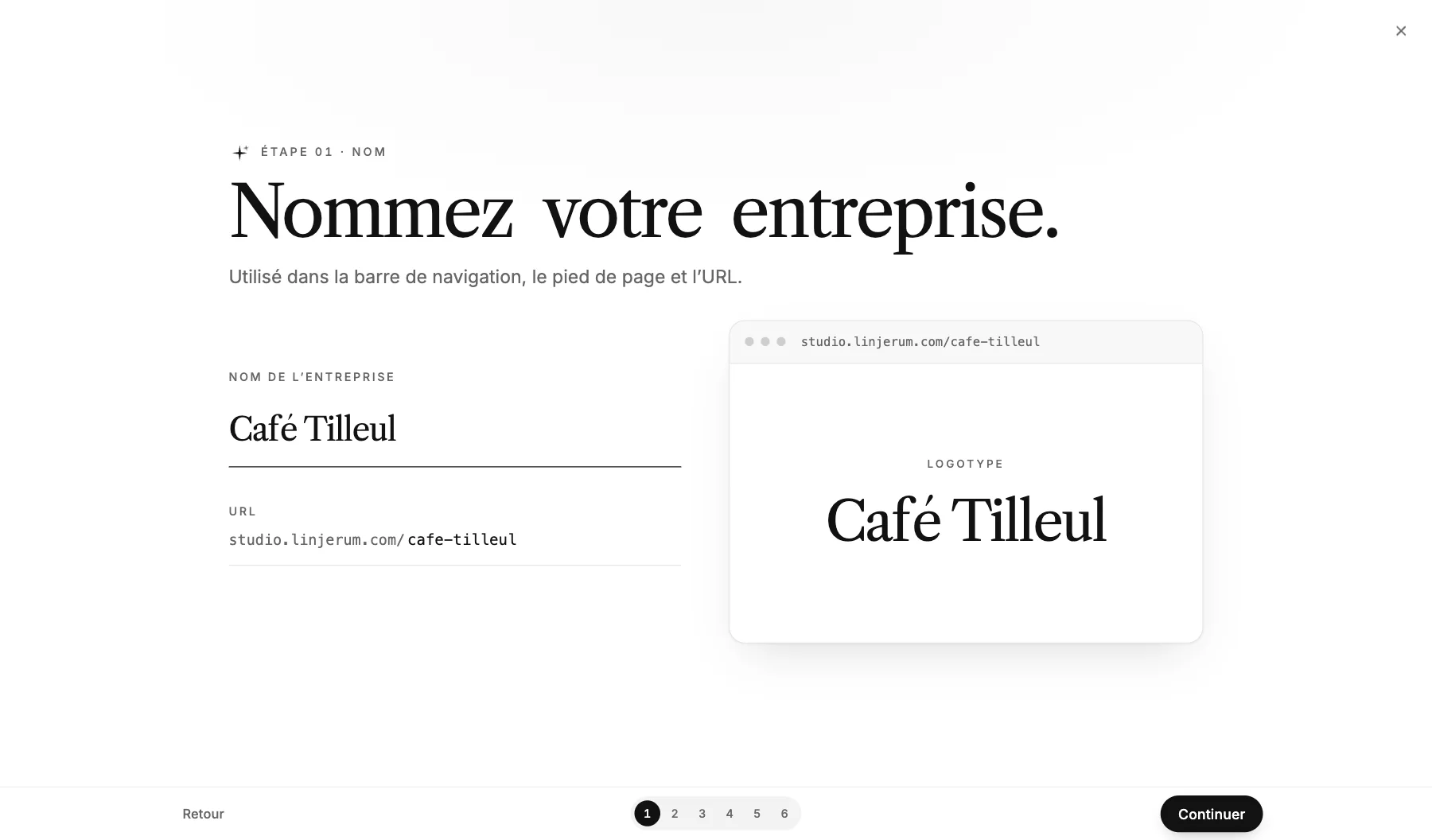 Première étape de la création avec le titre « Nommez votre entreprise. » et le nom Café Tilleul saisi. À droite, un aperçu du nom utilisé comme logo.
