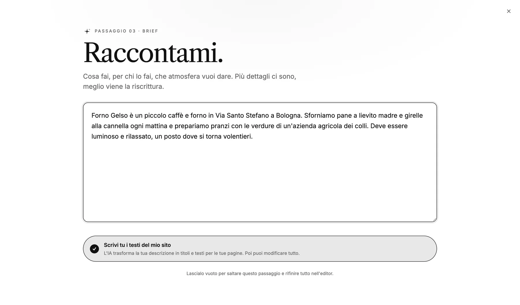Il passaggio 'Parlami della tua attività' con una breve descrizione di Forno Gelso e l'opzione 'Scrivi i testi del mio sito per me' attivata.