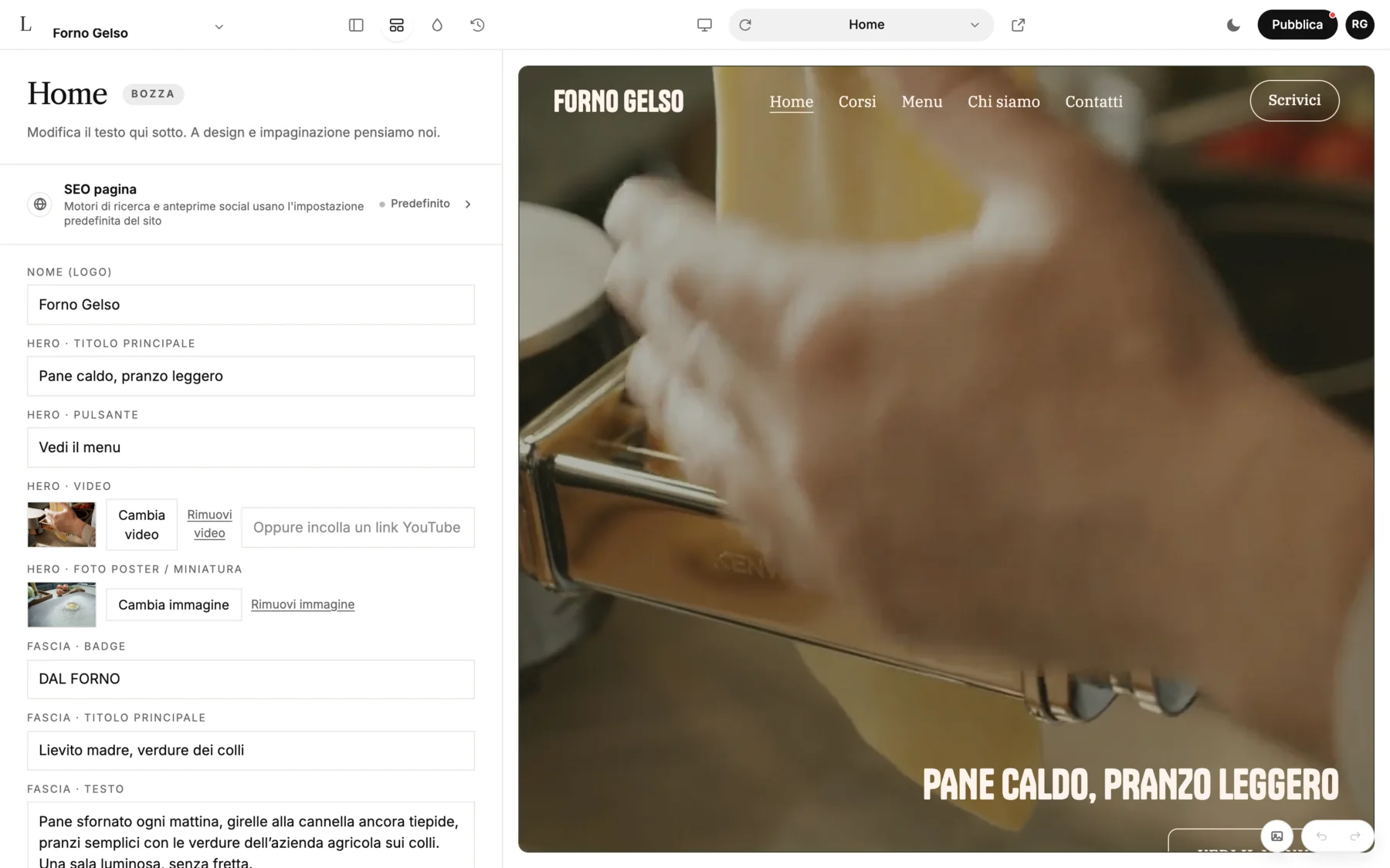 L'editor di LINJERUM Studio con campi come Nome (logo), Hero · Titolo e Hero · Pulsante a sinistra, e la home page di Forno Gelso a destra.