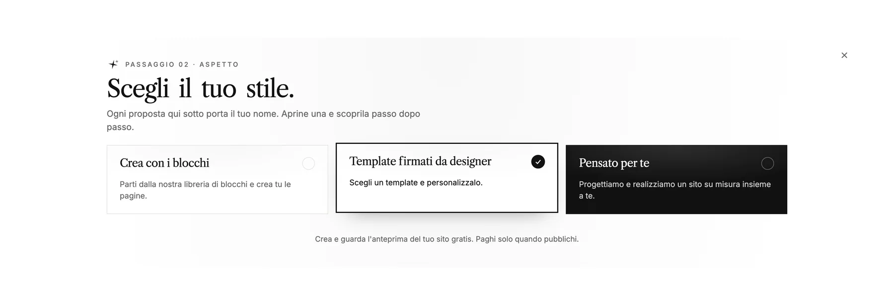 Il passaggio 'Scegli il tuo stile' con tre opzioni: Costruisci con i blocchi, Template di design e Su misura per te.