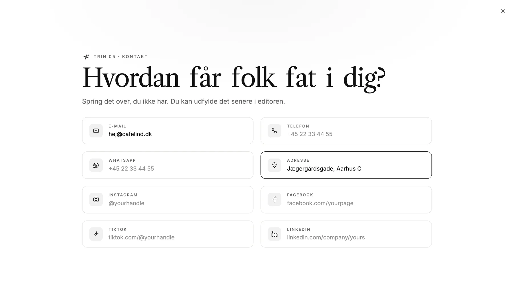 Trinnet 'Hvordan får folk fat i dig?' med felter til e-mail, telefon, WhatsApp, adresse og sociale medier. Mail og adresse er udfyldt.