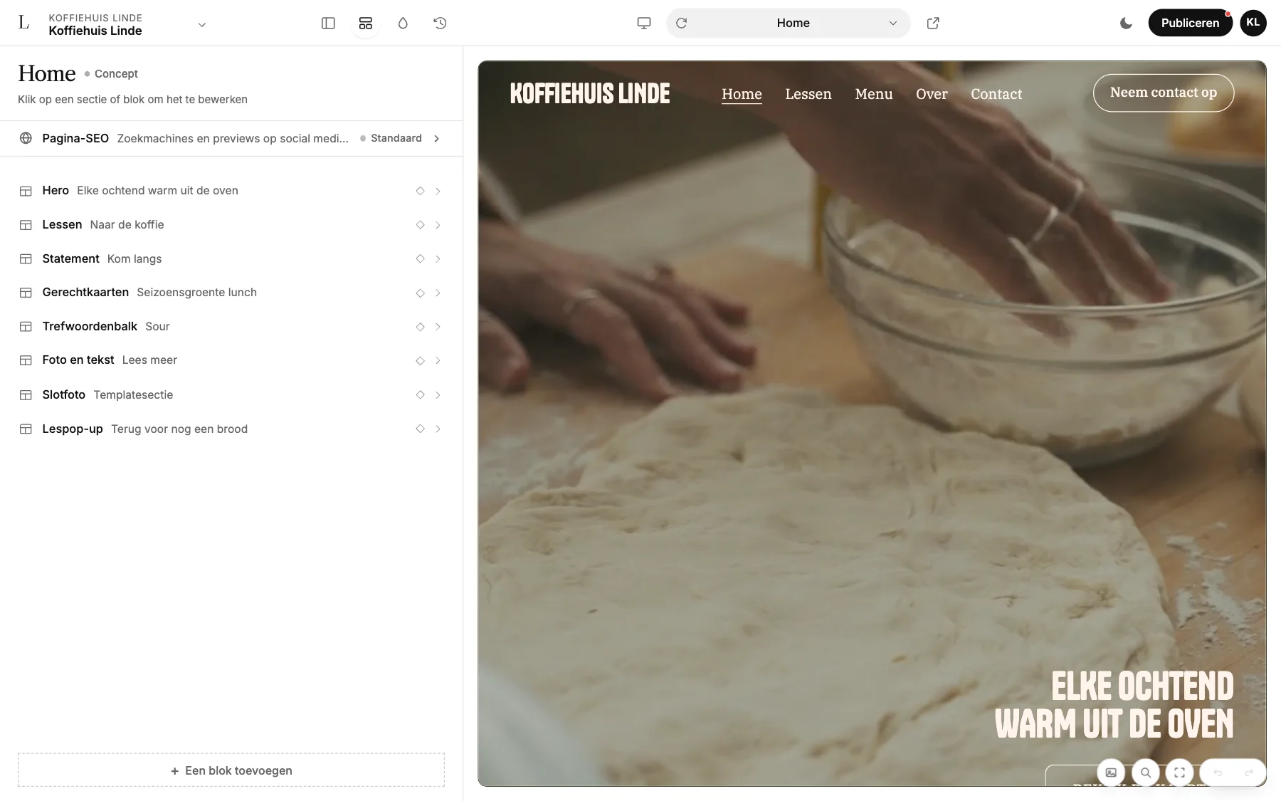 De editor van LINJERUM Studio met velden als Naam (logo), Hero · Kop en Hero · Knop links, en de homepage van Koffiehuis Linde rechts.