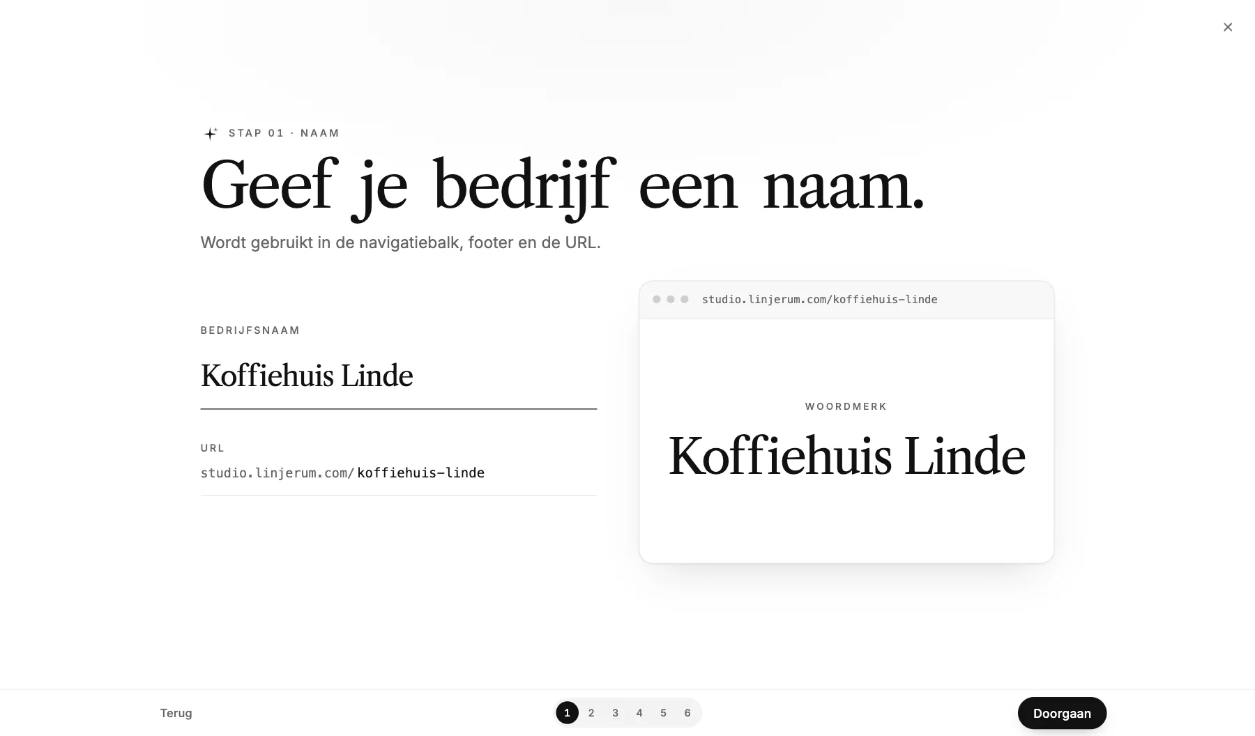 De eerste stap van de opzet met de kop 'Geef je bedrijf een naam.' en de ingevulde naam Koffiehuis Linde. Rechts een voorbeeld van de naam als logo.