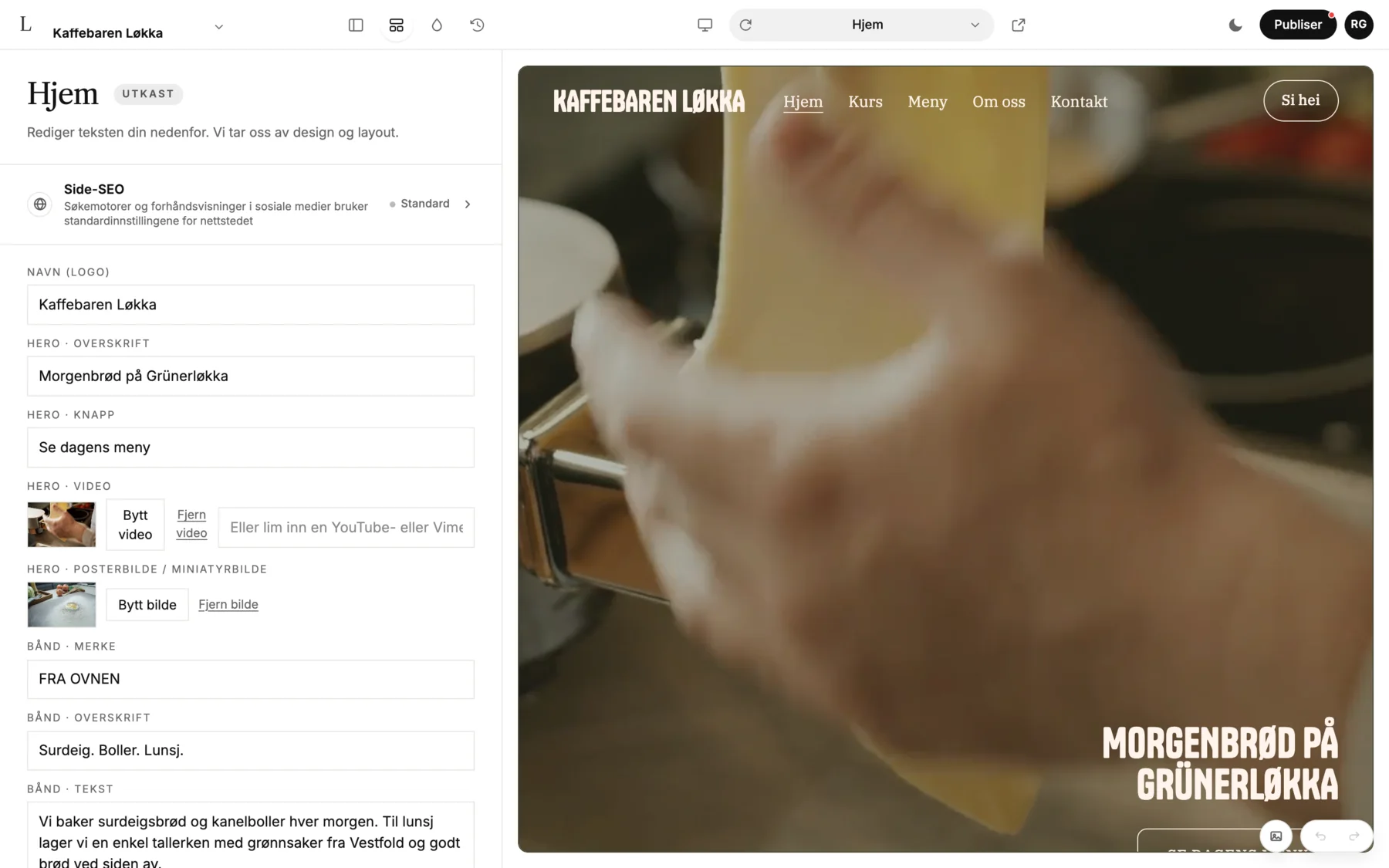 Editoren i LINJERUM Studio med felter som Navn (logo), Hero · Overskrift og Hero · Knapp til venstre og forsiden for Kaffebaren Løkka til høyre.