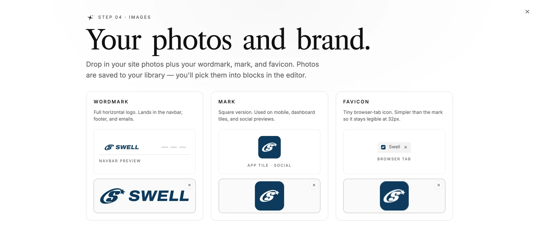 The 'Your photos and brand' step in LINJERUM Studio with the Swell logo uploaded three times: the wordmark in a navbar preview, the square mark as an app tile, and the favicon in a browser tab.