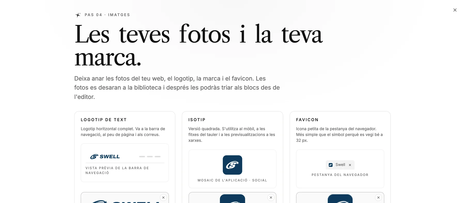 El pas «Les teves fotos i la teva marca» a LINJERUM Studio amb el logotip de Swell pujat tres vegades: el logotip de text a la vista prèvia de la barra de navegació, l'isotip quadrat com a mosaic de l'aplicació · social, i el favicon a la pestanya del navegador.