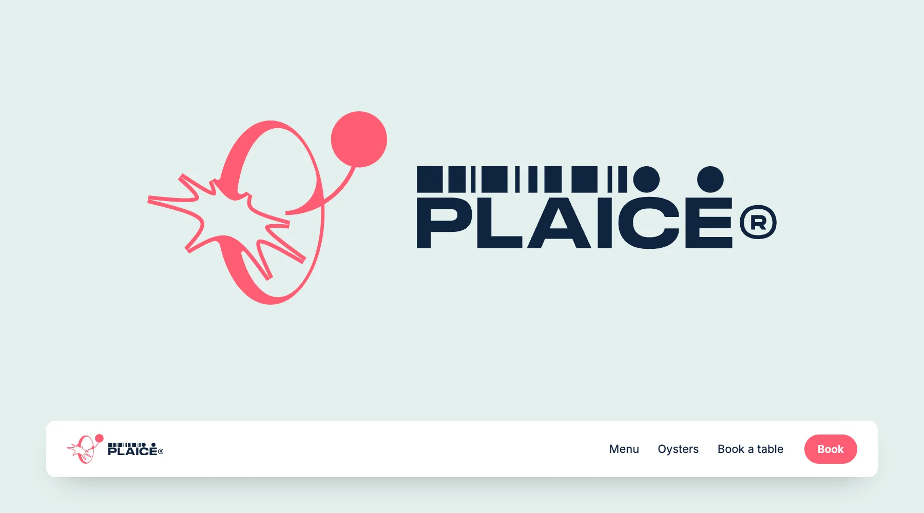 Plaice-logoet: et koralfarvet udbrud med en kredsende ring og prik ved siden af ordet PLAICE i kraftige marineblå versaler, over en hjemmesides header med samme opsætning.