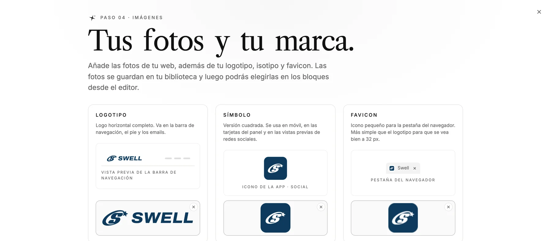 El paso «Tus fotos y tu marca» en LINJERUM Studio con el logo de Swell subido tres veces: el Logotipo en una vista previa de la barra de navegación, el Símbolo cuadrado como icono de la app · social, y el Favicon en una pestaña del navegador.