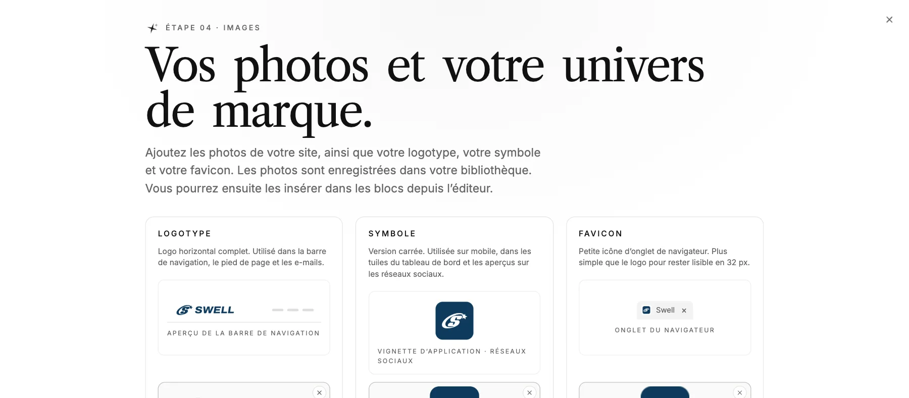L’étape « Vos photos et votre univers de marque. » dans LINJERUM Studio avec le logo de Swell importé trois fois : le logotype dans un aperçu de barre de navigation, le symbole carré en icône d’application et le favicon dans un onglet de navigateur.
