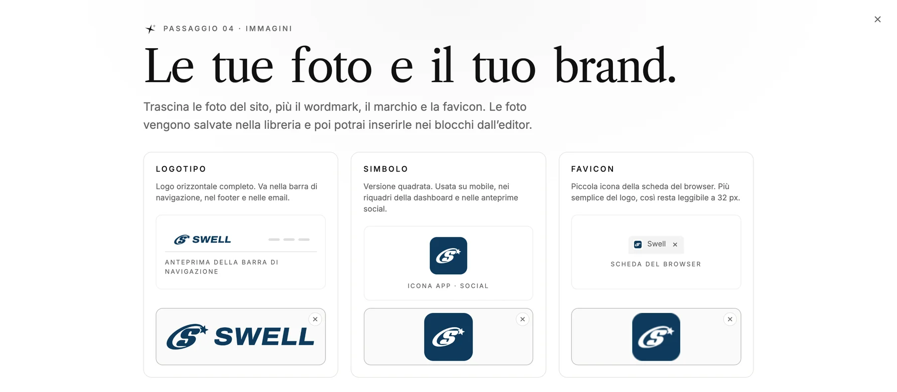 Il passaggio 'Le tue foto e il tuo brand.' in LINJERUM Studio con il logo di Swell caricato tre volte: il logotipo nell'anteprima della barra di navigazione, il simbolo quadrato come icona app, e il favicon nella scheda del browser.