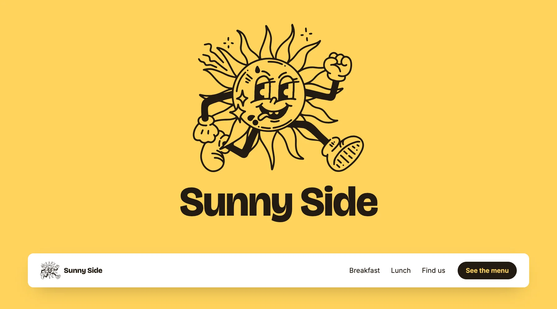 Sunny Side-logoet: en tegnet sol, der løber med en knyttet næve, over navnet i fede bogstaver, på en gul baggrund, med en hjemmesides header nedenunder.