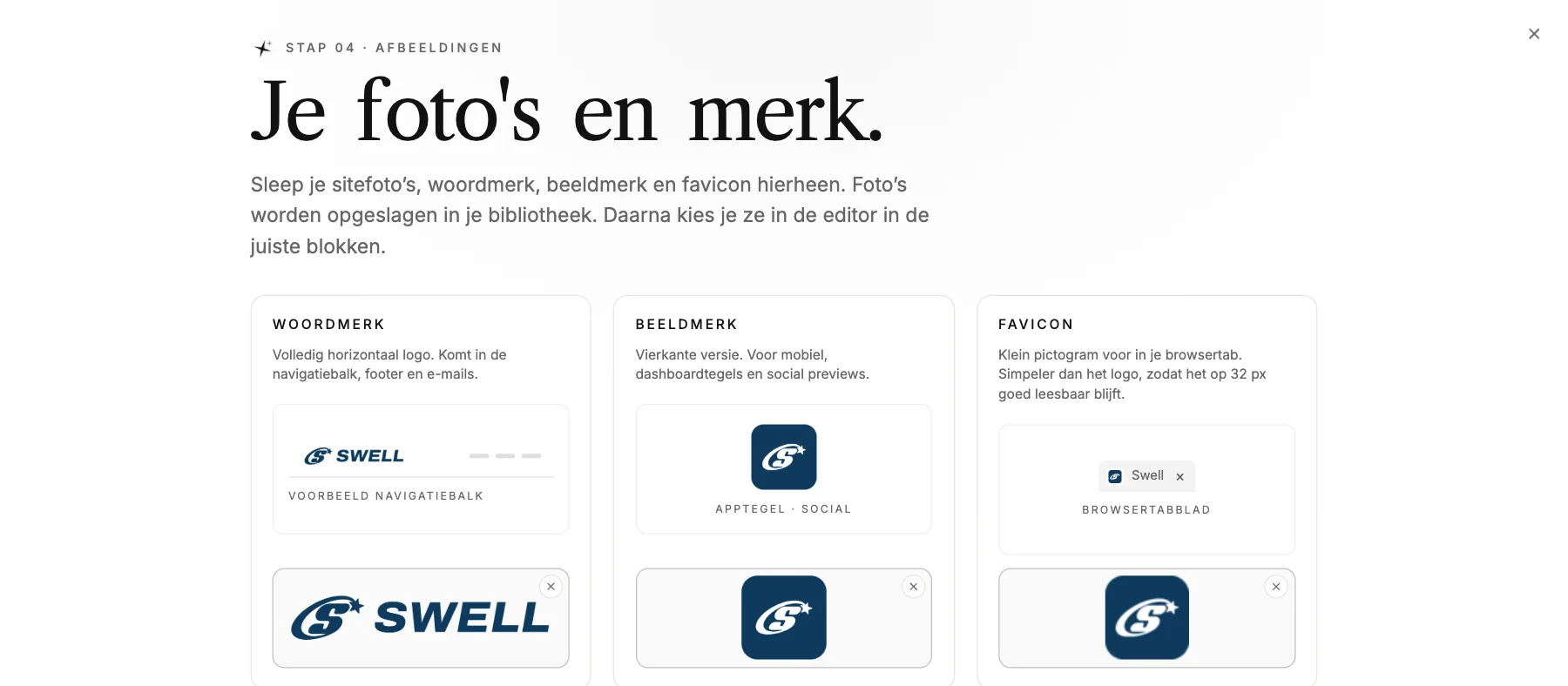 De stap 'Je foto's en merk.' in LINJERUM Studio met het logo van Swell drie keer geüpload: het woordmerk in een voorbeeld van de navigatiebalk, het vierkante beeldmerk als app-tegel en de favicon in een browsertabblad.
