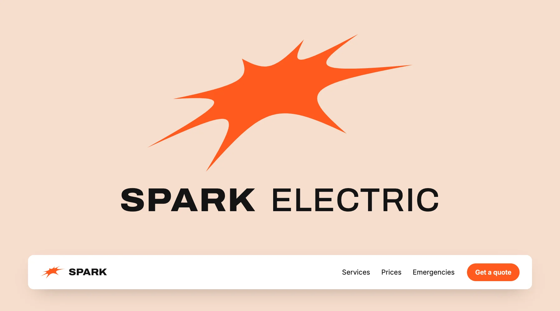 Spark Electric-logoet: et orange udbrud over navnet i sorte versaler, med det samme udbrud i lille format i en hjemmesides header.