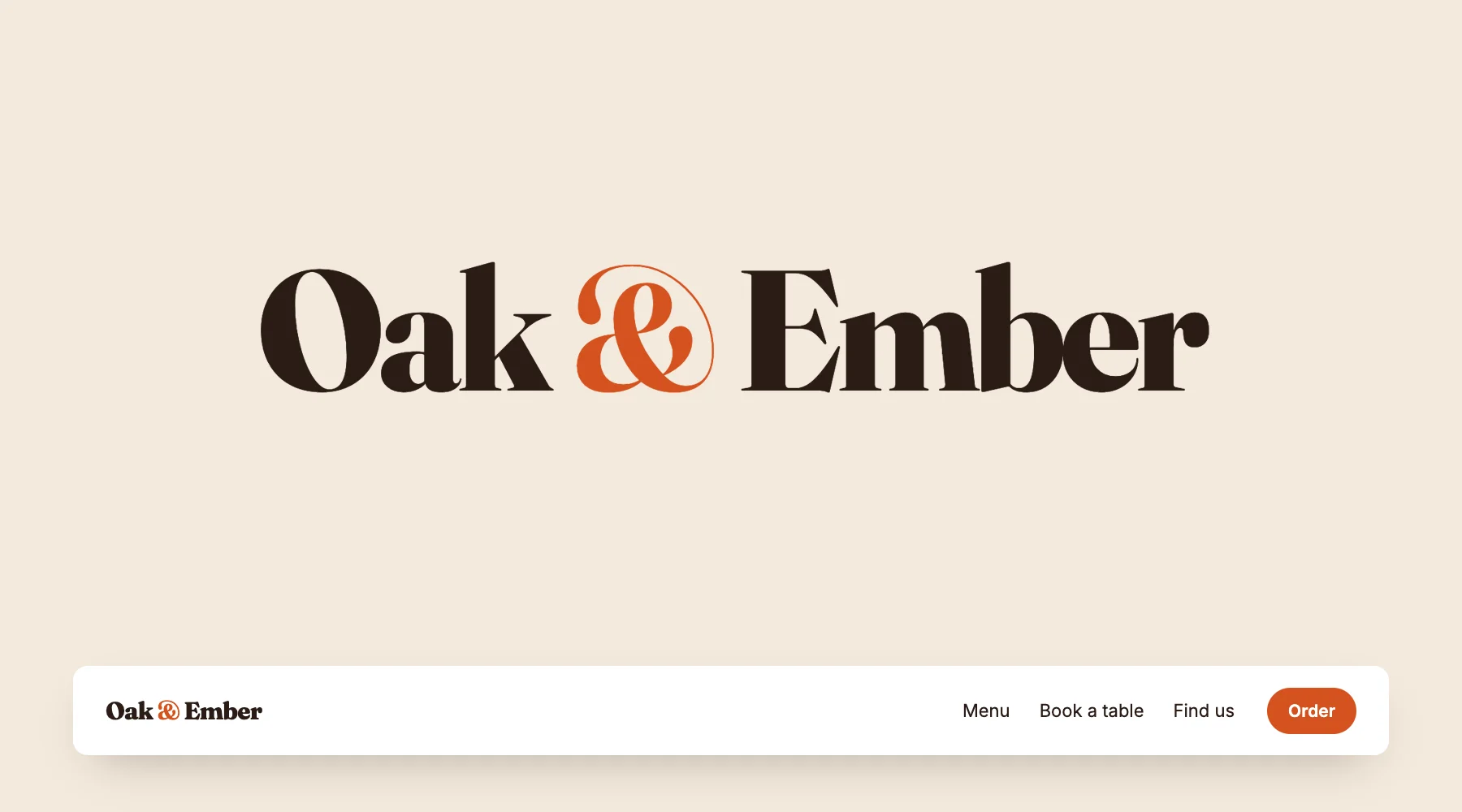 Ordmærket 'Oak & Ember' i en kraftig serif med et orange og-tegn, over en hjemmesides header med det samme ordmærke i lille størrelse.