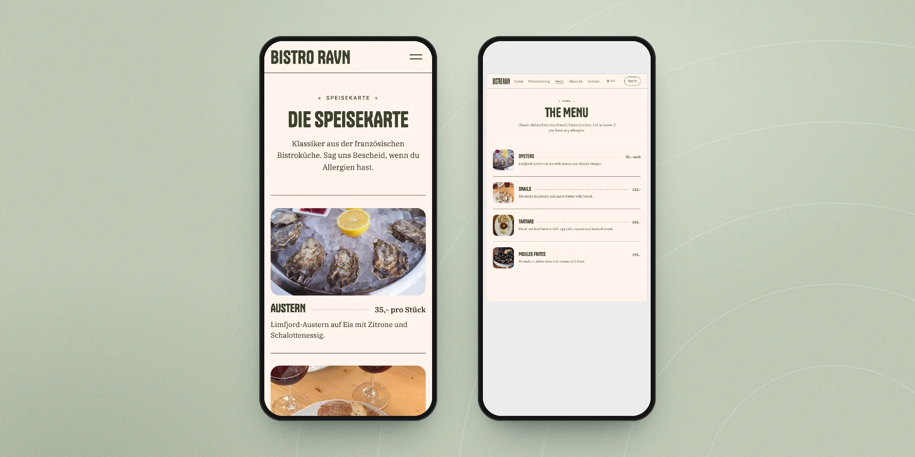 Zwei Handys: die Speisekarte als Text auf der Seite mit Gerichten, Preisen und einem Foto, daneben dieselbe Karte als PDF, so klein, dass man sie nicht lesen kann