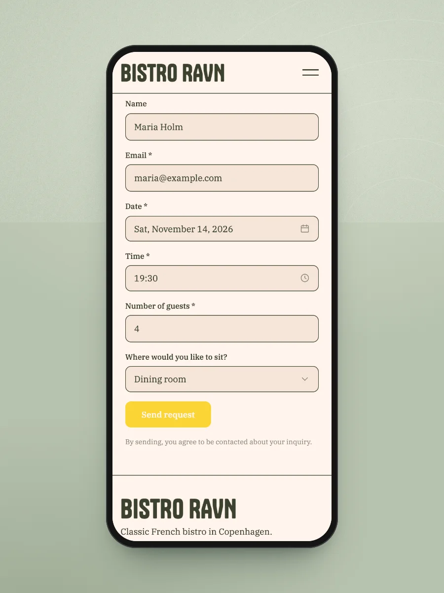 A filled-in table request on a phone: date, 19:30, four guests and Dining room
