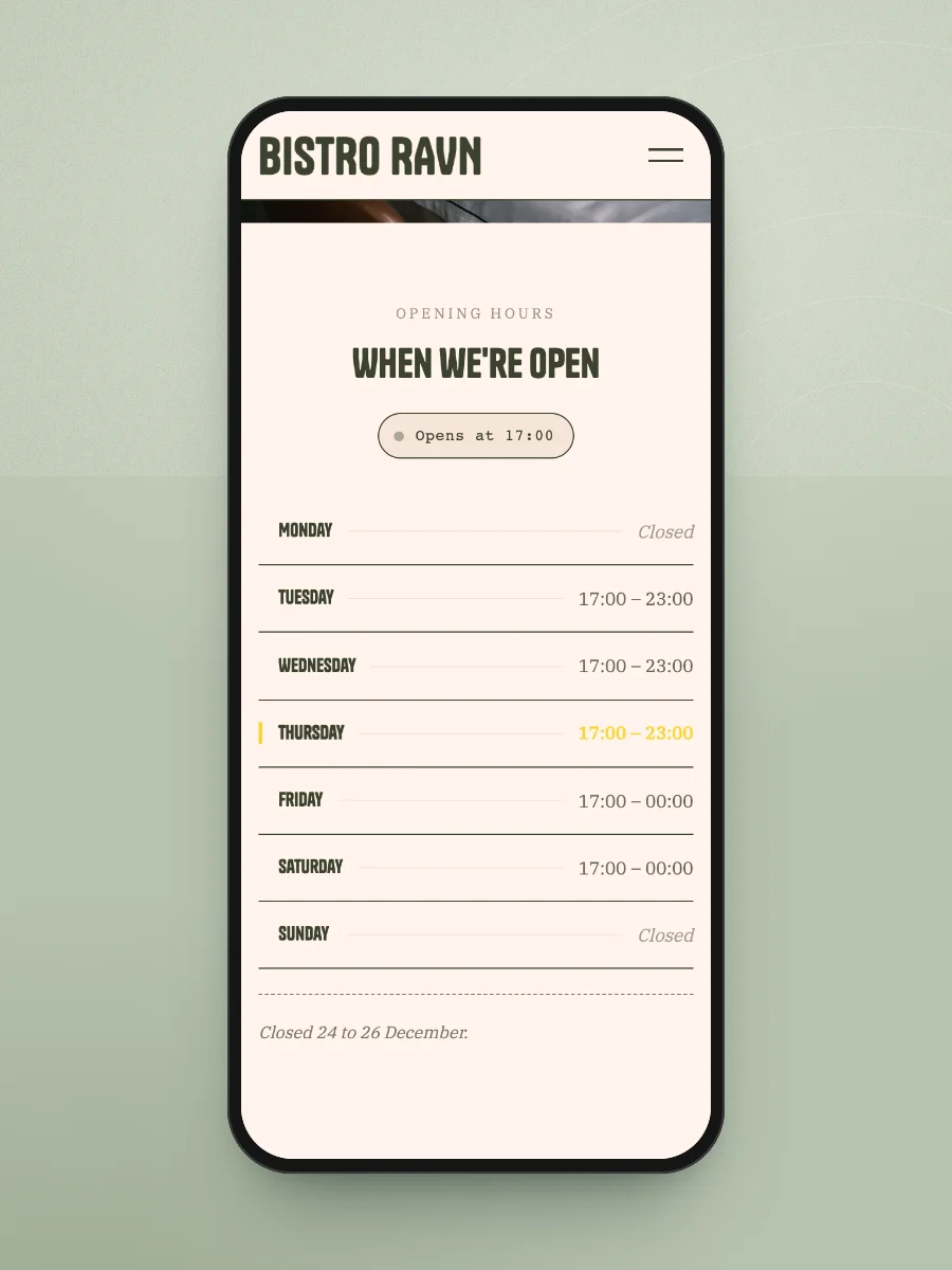 Opening hours on a phone: Monday and Sunday closed, Tuesday to Saturday from 17:00, today highlighted and a Christmas note