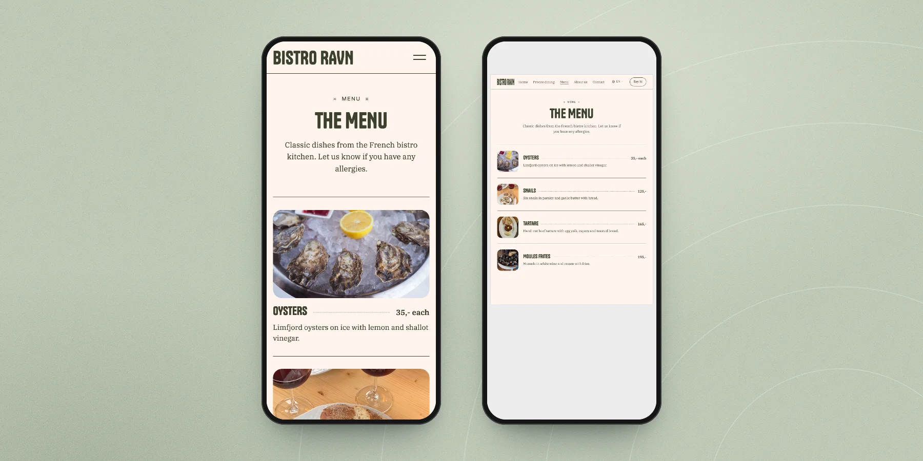 Two phones: the menu typed into the page with dishes, prices and a photo, and the same menu as a PDF shrunk to an unreadable size