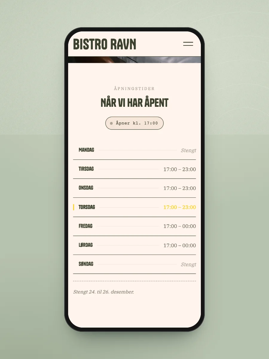 Åpningstider på en mobil: stengt mandag og søndag, tirsdag til lørdag fra 17:00, dagens dato markert og en merknad om jul