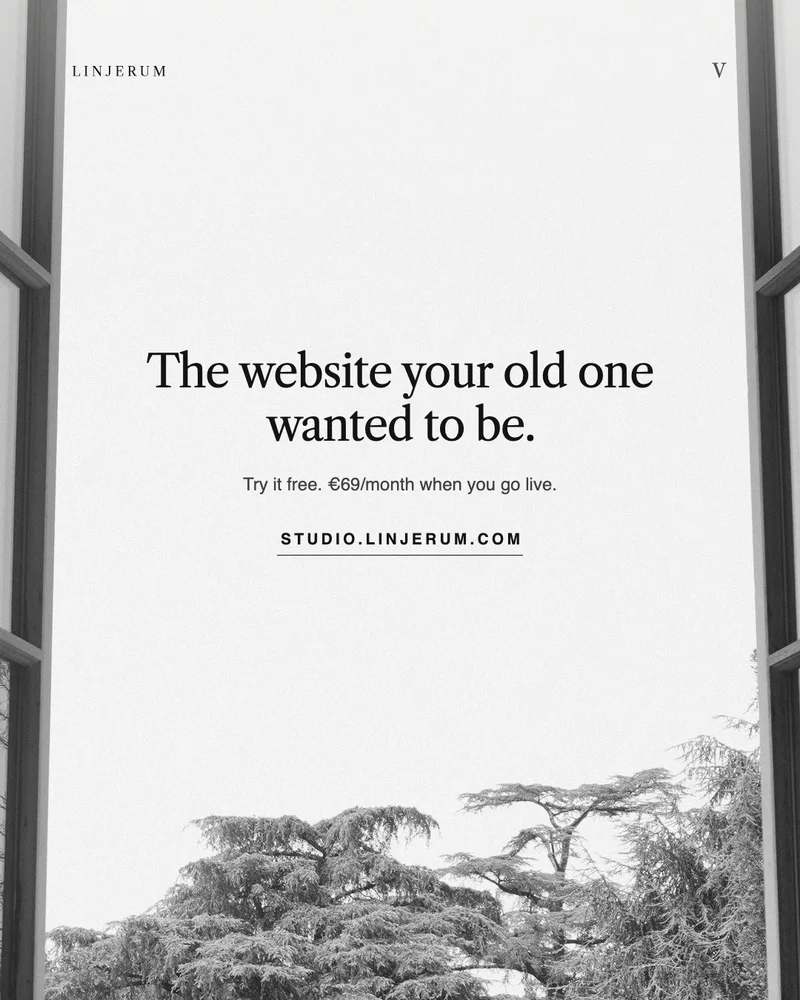 Træer set gennem et højt vindue under overskriften 'The website your old one wanted to be.'