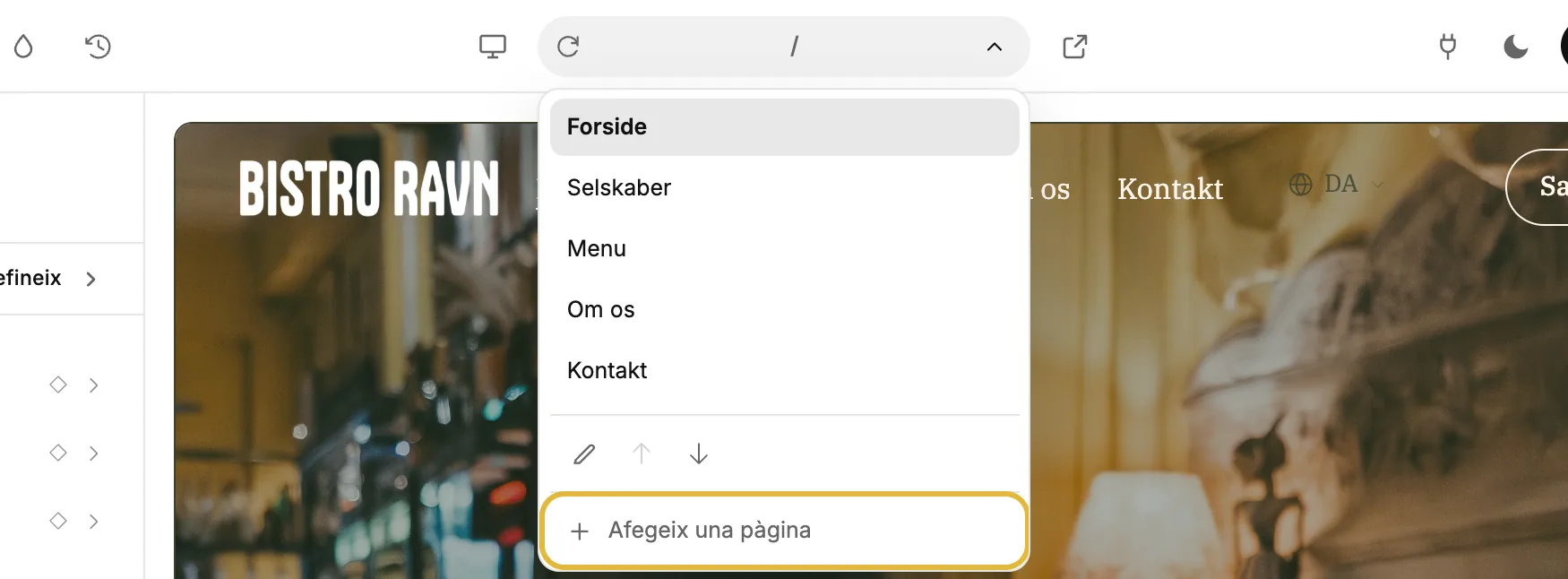 La llista de pàgines de l'editor, oberta, amb [Add a page] a baix de tot