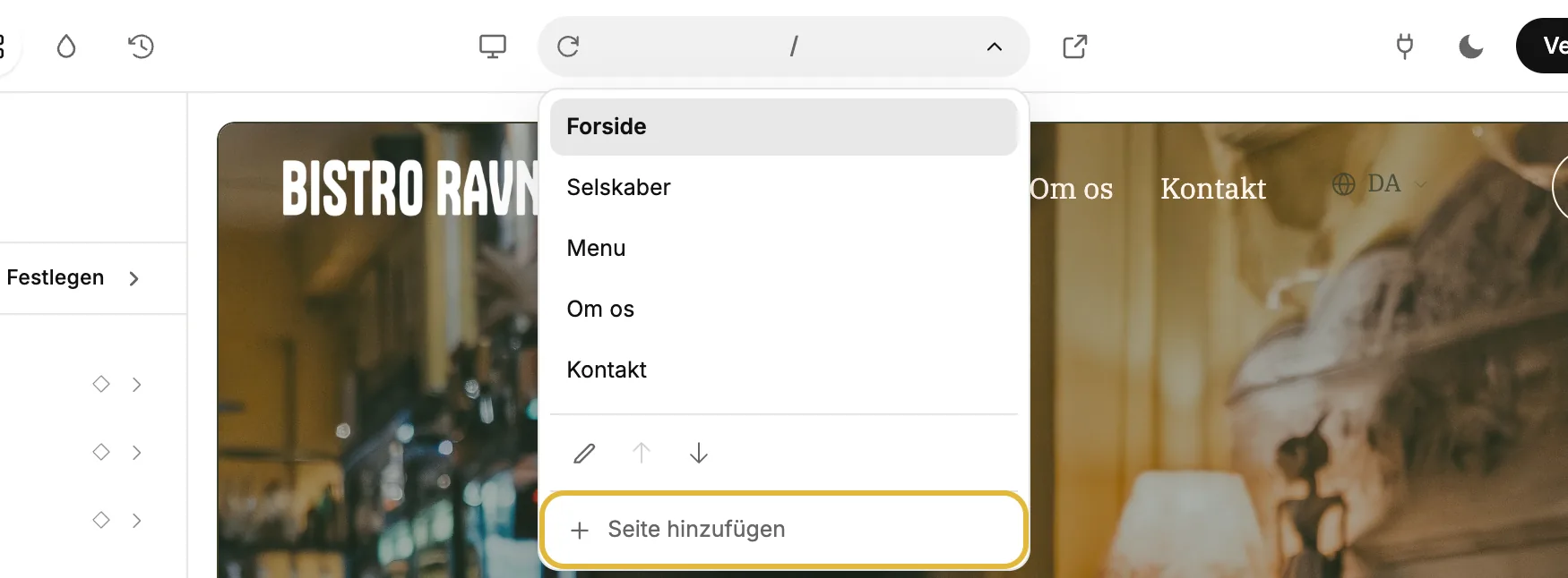 Die geöffnete Seitenliste im Editor, mit [Seite hinzufügen] unten