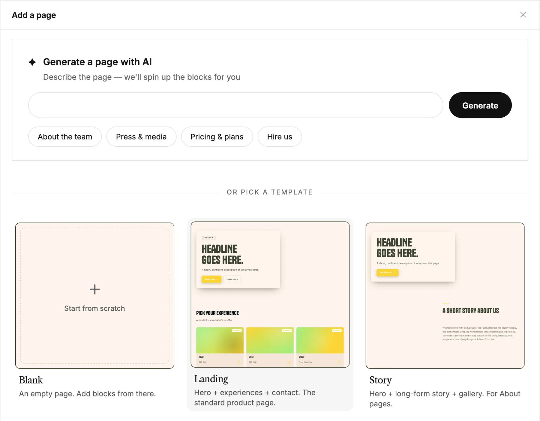 The Add a page window with the AI box and the Blank, Landing and Story templates