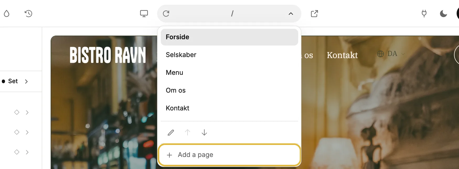 The editor's page list, open, with Add a page at the bottom