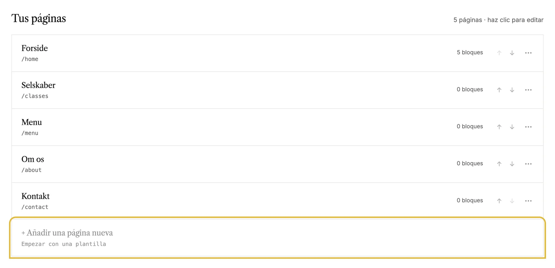 La lista de páginas en el panel de una web, que termina con [Añadir una página nueva]