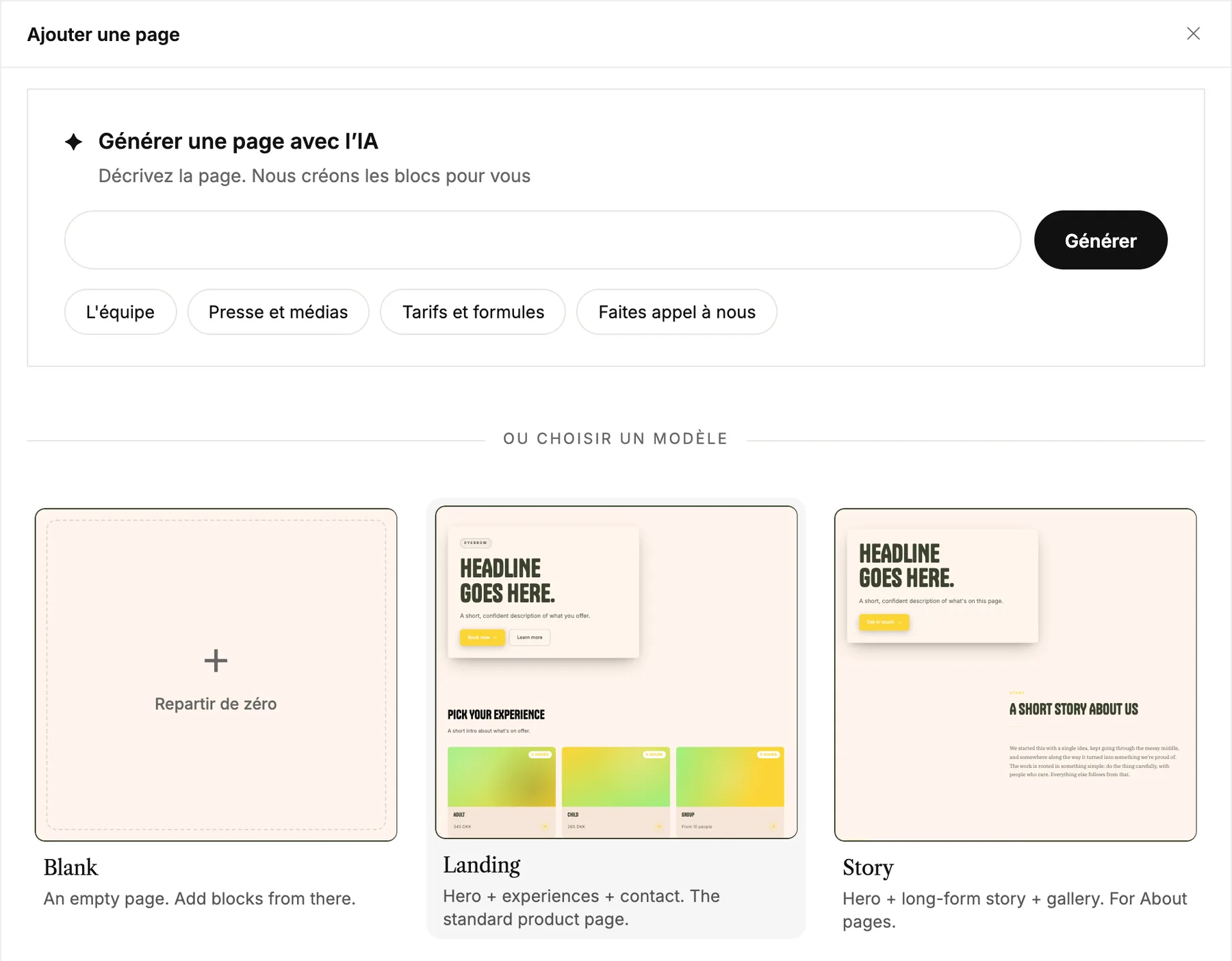La fenêtre « Ajouter une page » avec le champ IA et les modèles Vierge, Landing page et Récit
