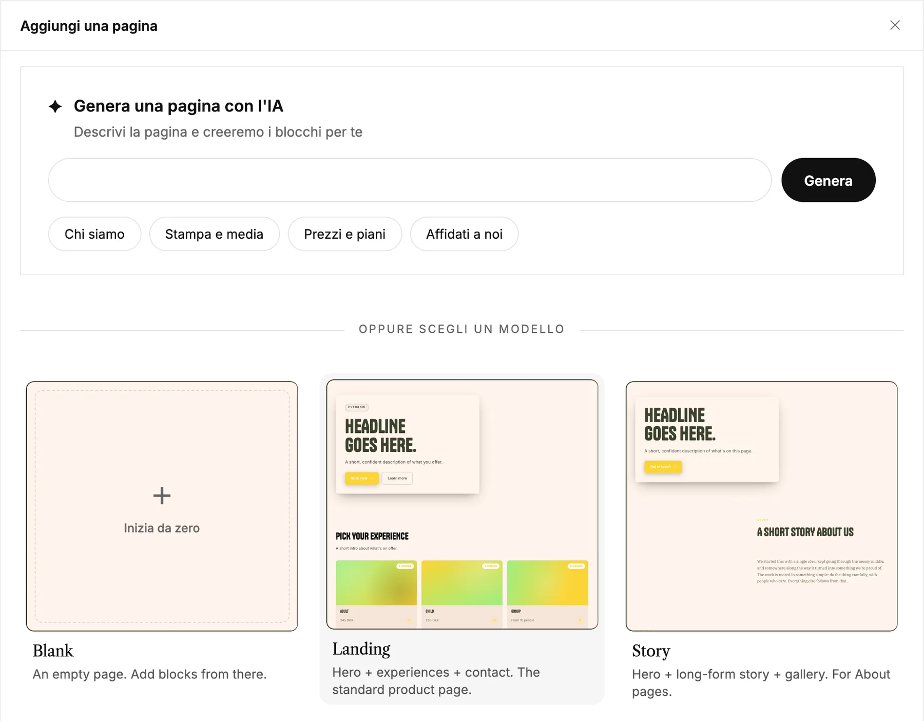 La finestra Aggiungi una pagina con il riquadro AI e i modelli Vuota, Landing page e Storia