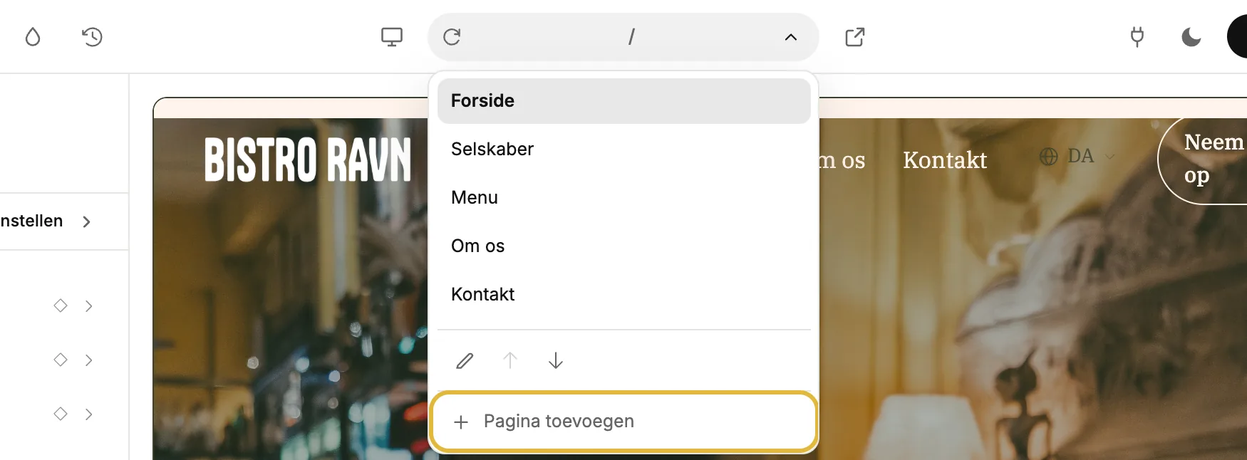 De paginalijst in de editor, opengeklapt, met onderaan [Add a page]