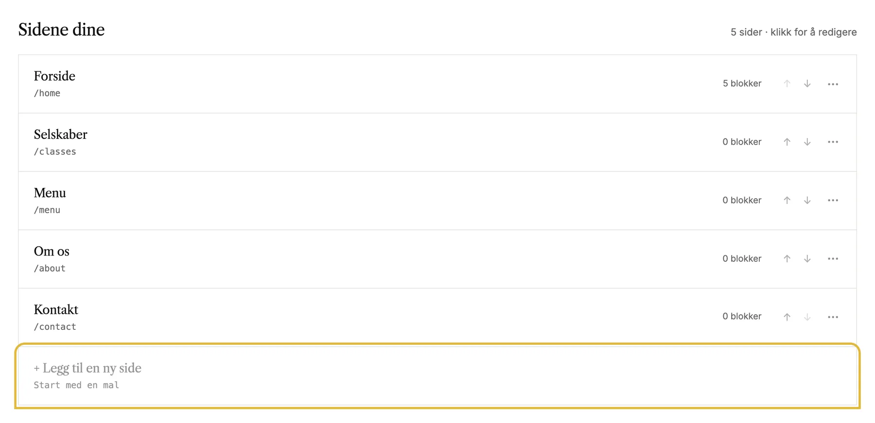 Listen over sider på nettstedets dashbord, som avsluttes med Legg til en ny side