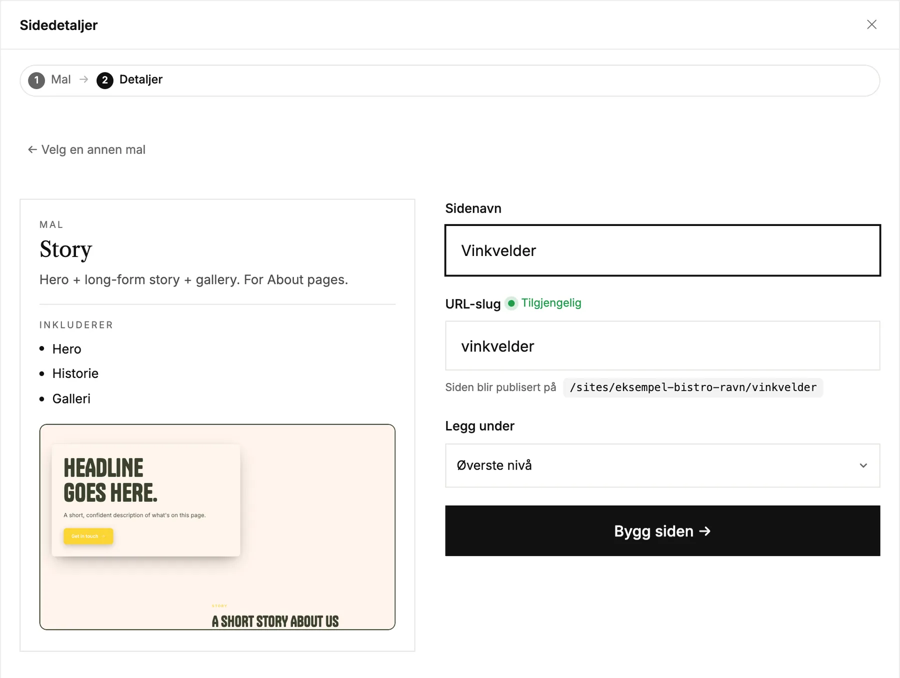 Trinnet med sidedetaljer med sidenavn, adresse og knappen Build the page