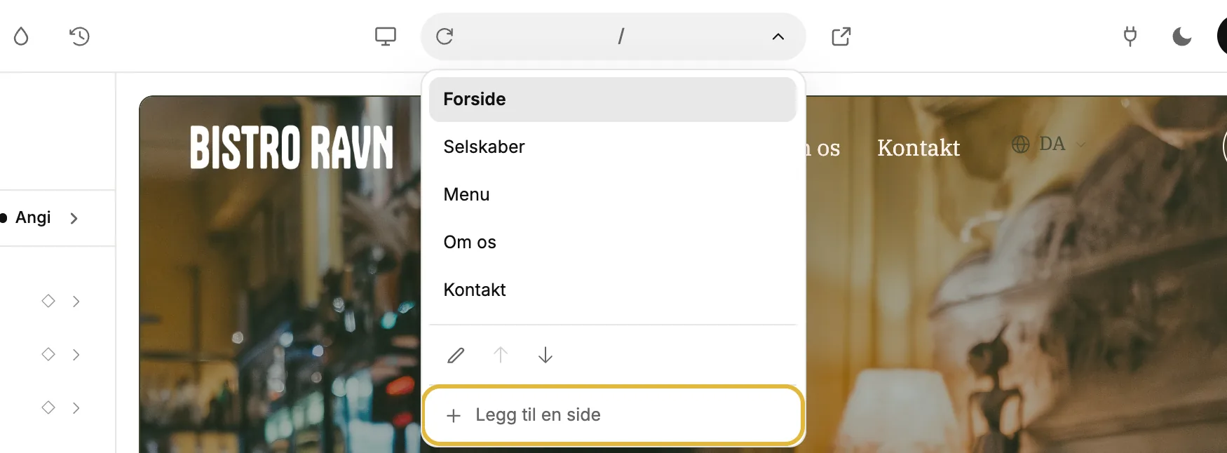 Sidlisten i editoren, åpen, med Legg til en side nederst