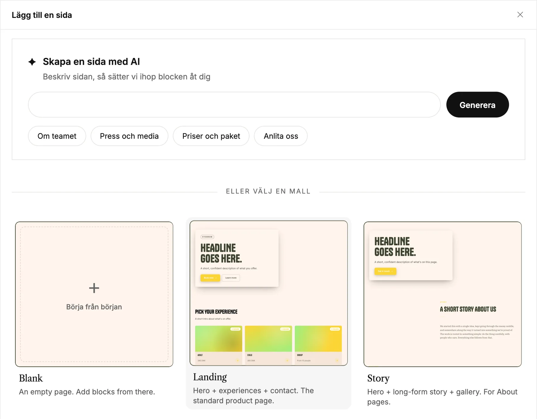 Fönstret Lägg till en sida med AI-rutan och mallarna Tom, Landningssida och Story
